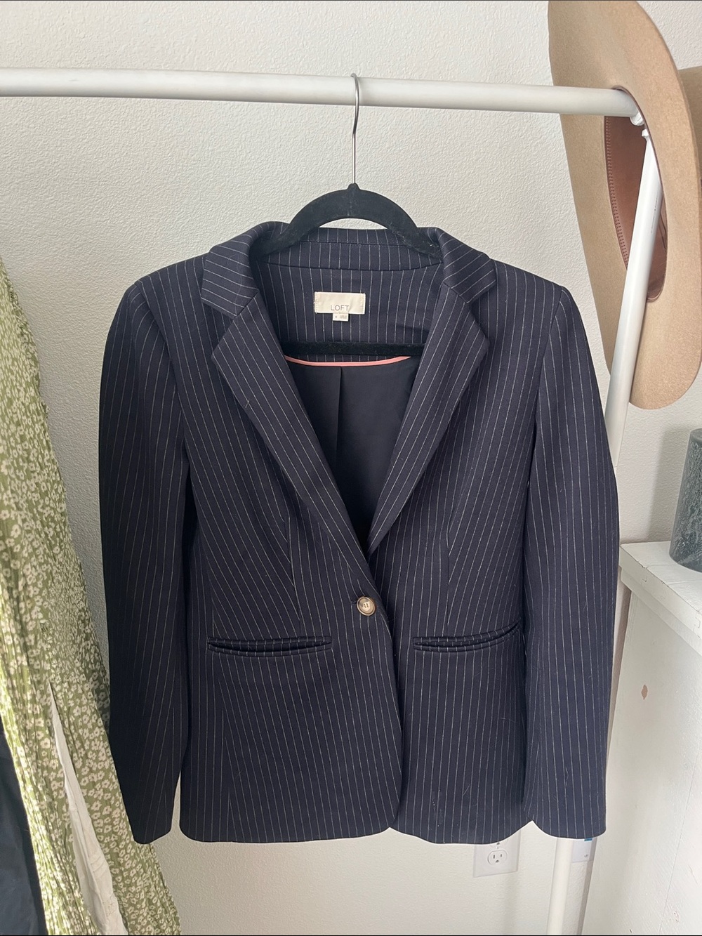 LOFT Navy Pinstripe Single-Button Blazer with Notch Lapel